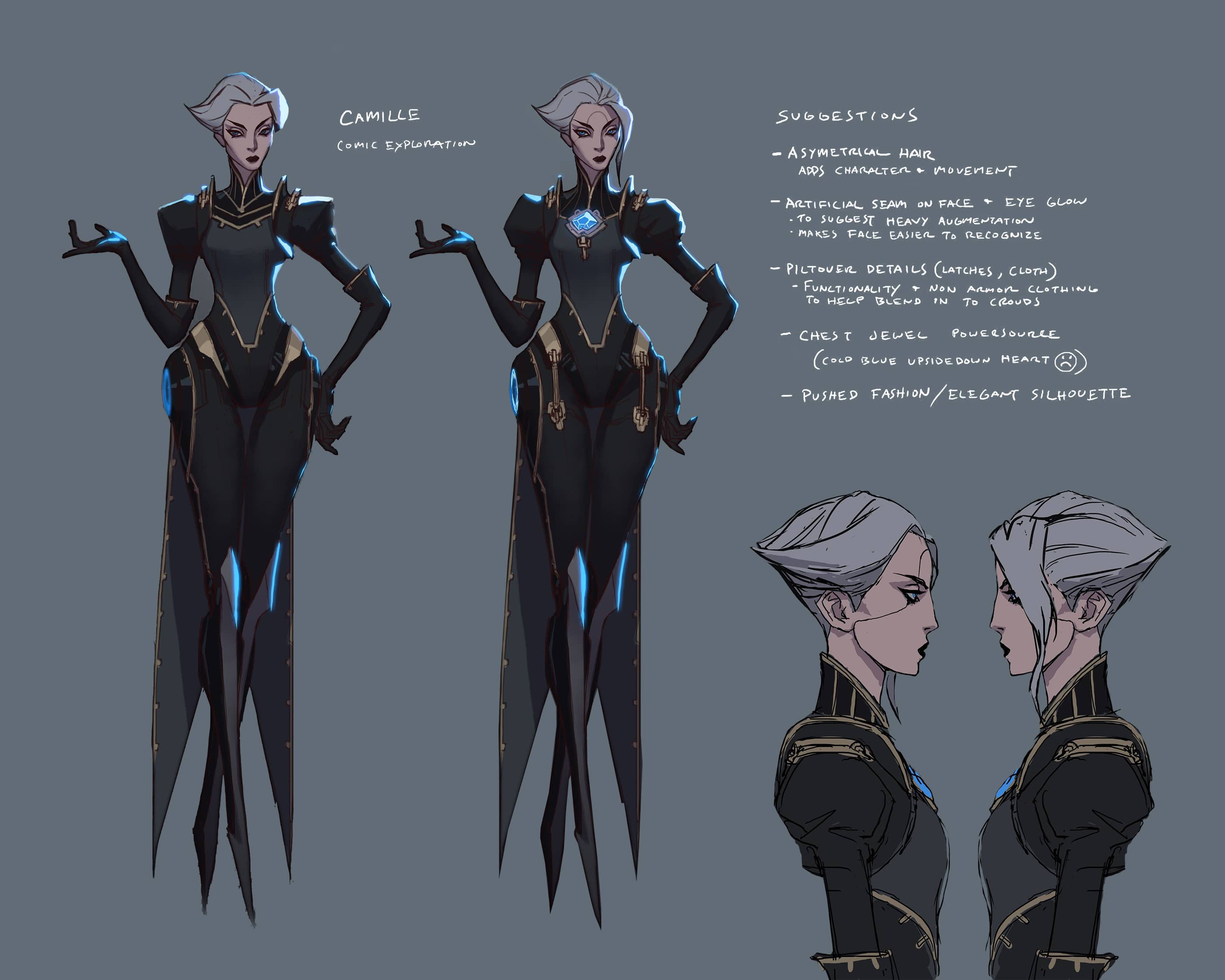 Early exploration of Camille for the Severed Ties comic. Source: http://na.leagueoflegends.com/en/featured/camille-comic