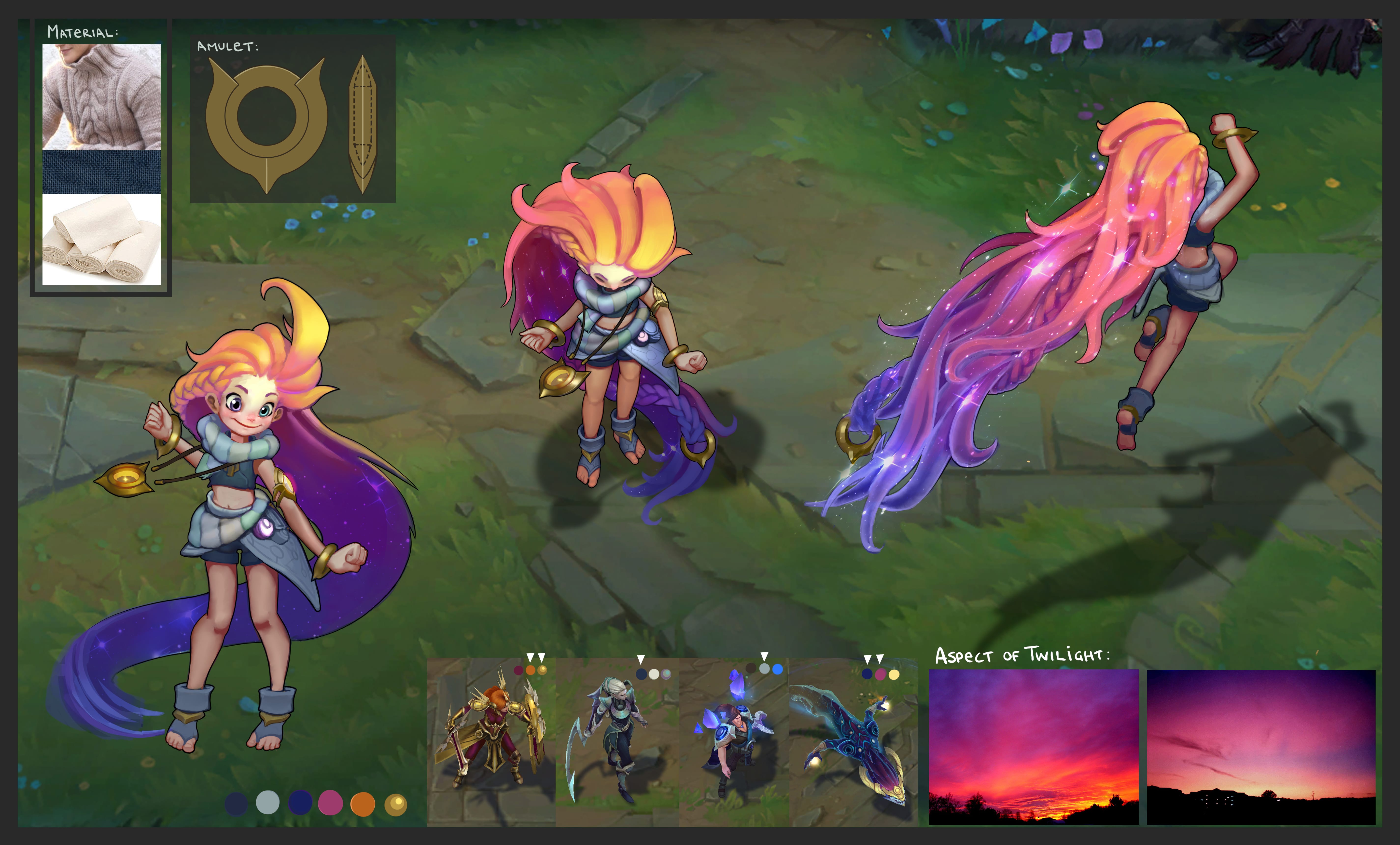 Zoe’s color palette drew from several existing Targonian champions: Golden hair from Leona, blue clothes from Diana, silver tones from Taric, and the colors of the sky from Aurelion Sol.