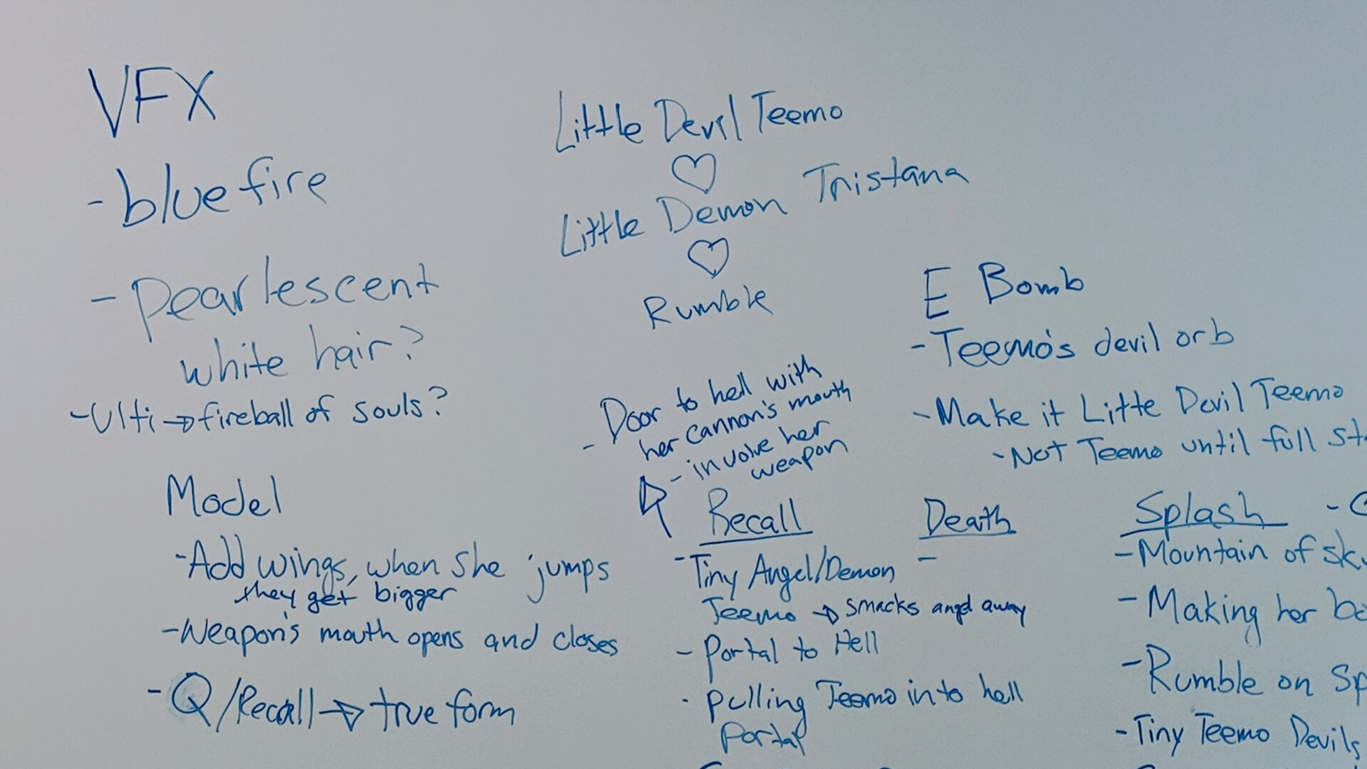 White board from the blue sky meeting. It’s possible none of these things make it into the game—it’s just an early brainstorm!